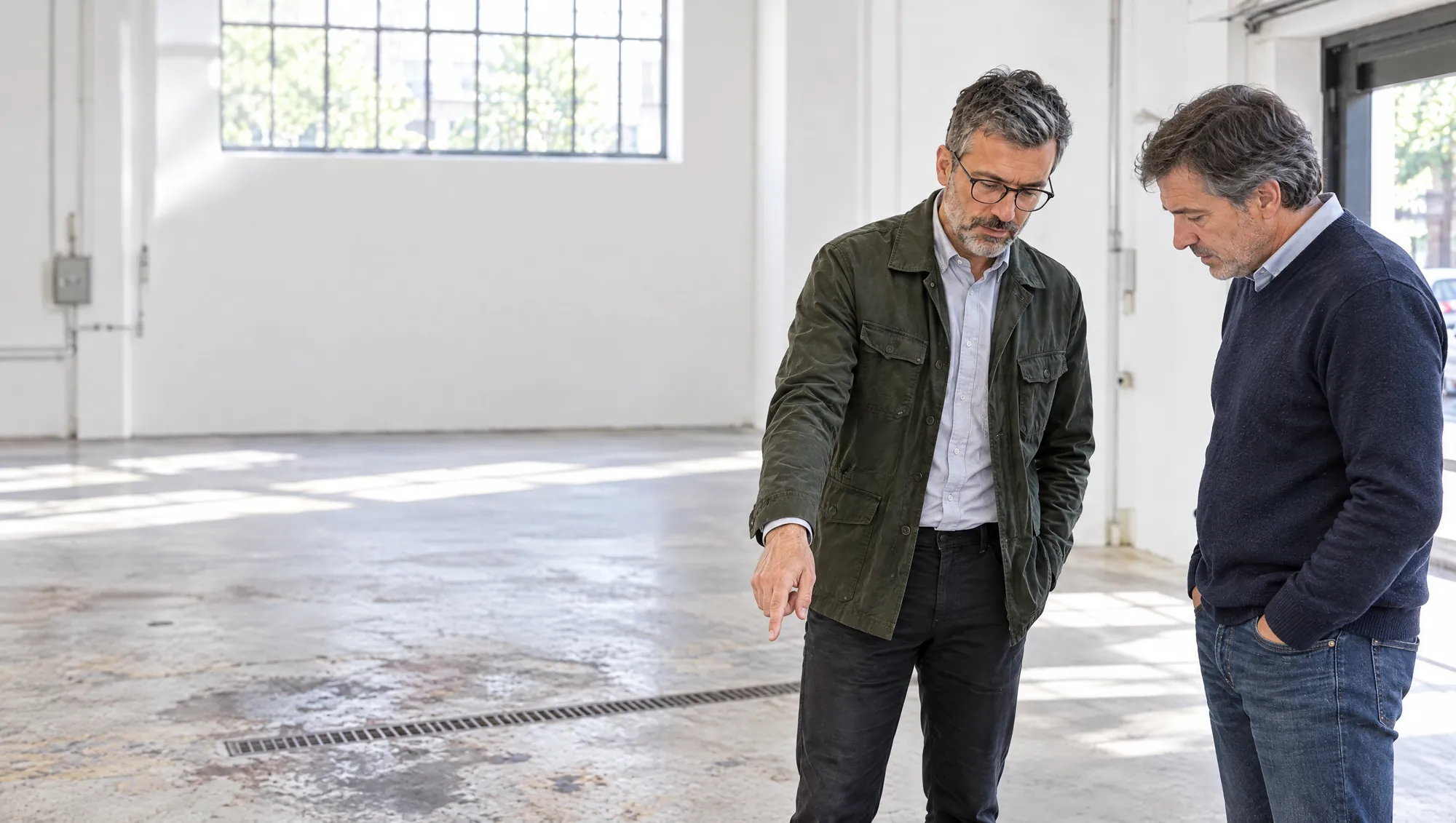 En un ex taller mecánico que se convierte en local, el Arquitecto de Estudio TREO le señala al nuevo dueño las manchas del piso junto a la rejilla