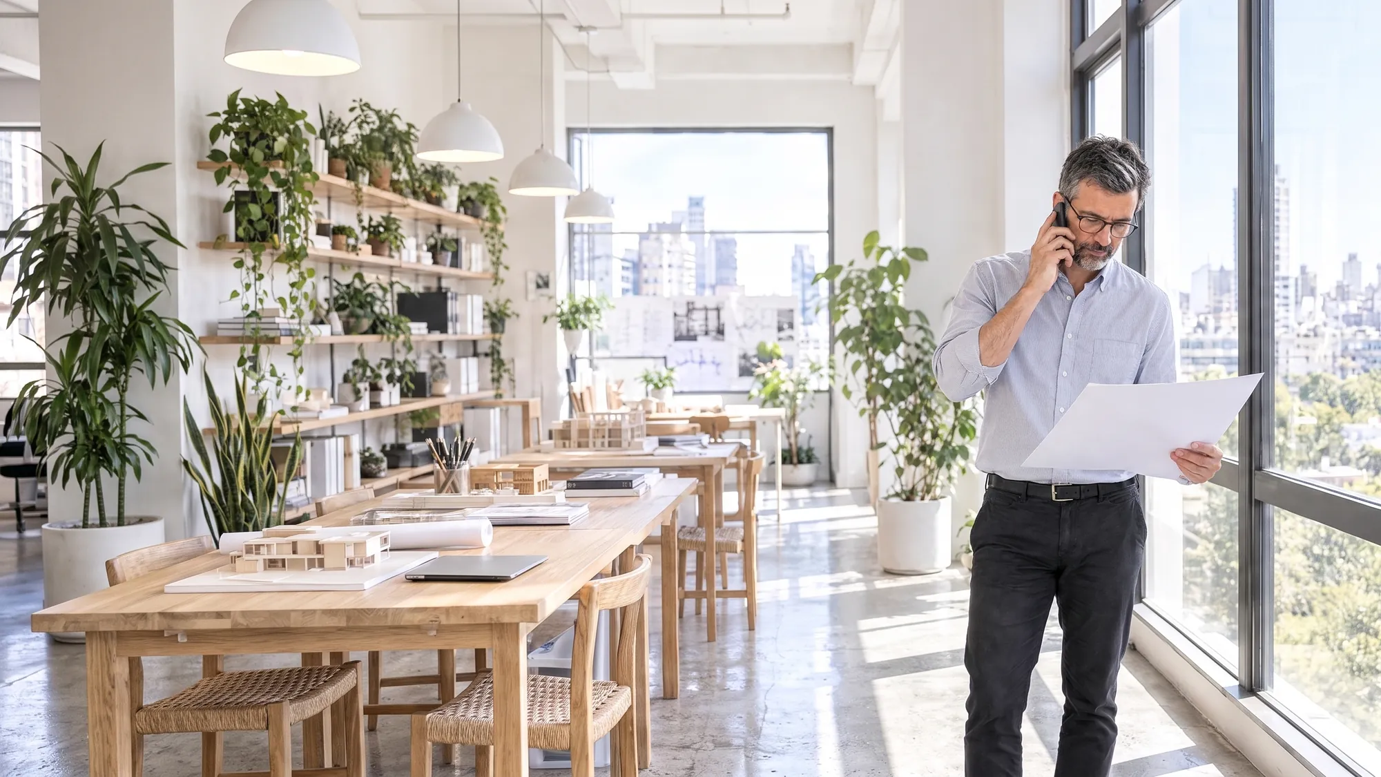 El Arquitecto de Estudio TREO habla por teléfono junto a la ventana del estudio mientras revisa un plano