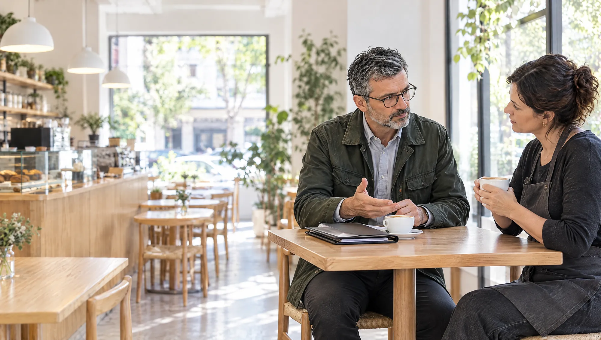 El Arquitecto de Estudio TREO, sentado en una mesa de un café, le responde una consulta a la dueña