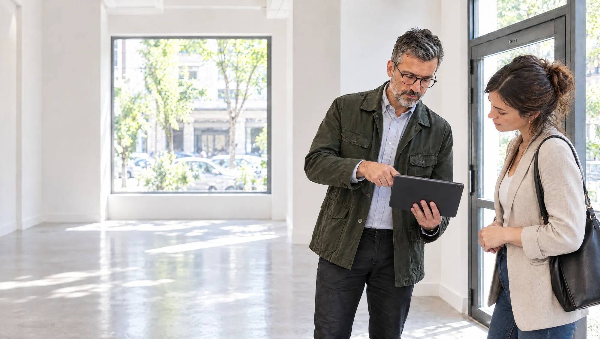 En la puerta de un local vacío en alquiler, el Arquitecto de Estudio TREO le muestra a la futura inquilina en la tablet el mapa de usos del Código Urbanístico
