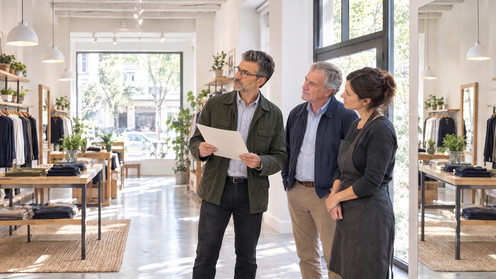 En una tienda de ropa que se vende, el Arquitecto de Estudio TREO compara la habilitación anterior con el local, junto al vendedor y a la compradora