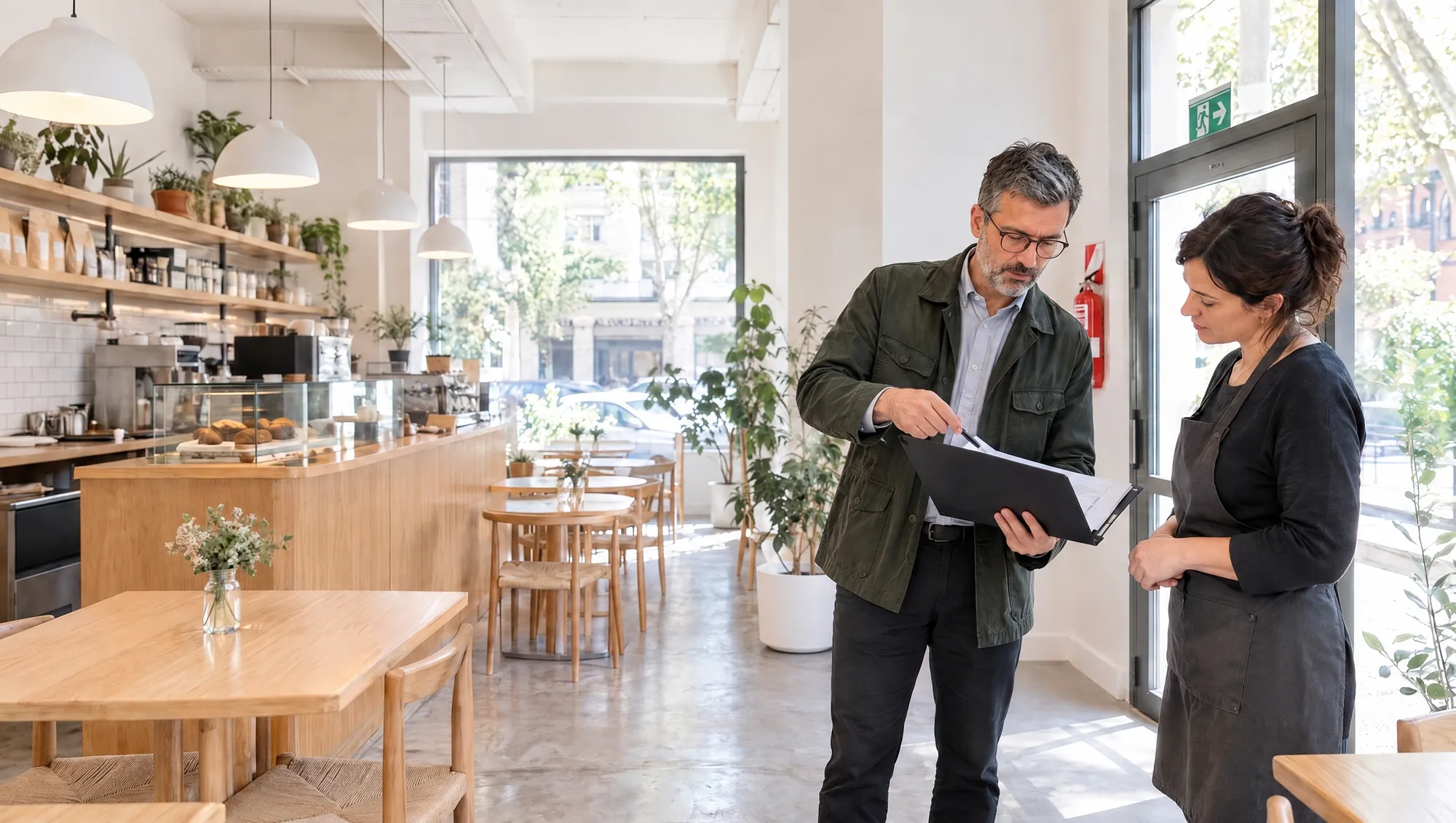 Relevamiento de un café por habilitar en Buenos Aires: el Arquitecto de Estudio TREO le muestra a la dueña el plano del local, junto a la salida de emergencia y el matafuego