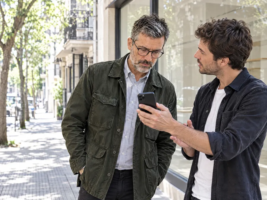 El futuro dueño de un café le muestra en el celular al Arquitecto de Estudio TREO el aviso del local que quiere alquilar